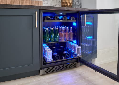 Zephyr 24" Wine Fridge & Beverage Refrigerator Single Zone Under Counter - Mini Wine Cooler Cellars Small Beer Cabinet Drink Chiller Freestanding with French Glass Door Black, 7 Bottles, 112 Cans