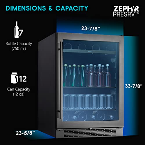 Zephyr 24" Wine Fridge & Beverage Refrigerator Single Zone Under Counter - Mini Wine Cooler Cellars Small Beer Cabinet Drink Chiller Freestanding with French Glass Door Black, 7 Bottles, 112 Cans