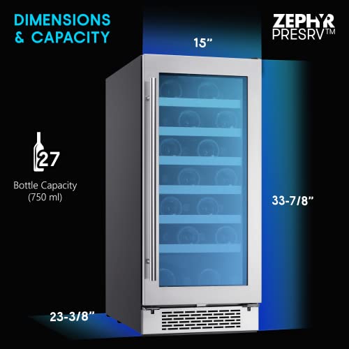Zephyr Presrv 15" Wine Fridge Single Zone Under Counter - Countertop Mini Wine Cooler Cellars Small Cabinet Wine Refrigerator Home Bar Chiller Freestanding with French Glass Door - 27 Bottles 750ml