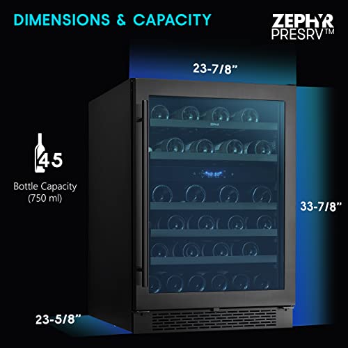 Zephyr Presrv 24" Wine Fridge Dual Zone Under Counter - Countertop Mini Wine Cooler Cellars Small Cabinet Wine Refrigerator Home Bar Chiller Freestanding with French Glass Door Black, 45 Bottles 750ml