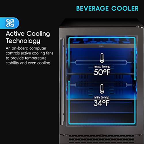 Zephyr 24" Wine Fridge & Beverage Refrigerator Single Zone Under Counter - Mini Wine Cooler Cellars Small Beer Cabinet Drink Chiller Freestanding with French Glass Door Black, 7 Bottles, 112 Cans