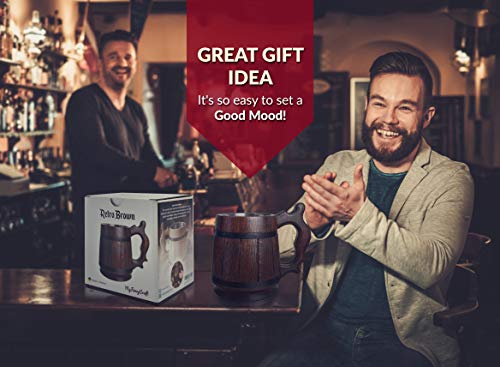 MyFancyCraft Wood Beer Mug with Box Stainless Steel Cup Men Souvenir Handmade Retro Brown
