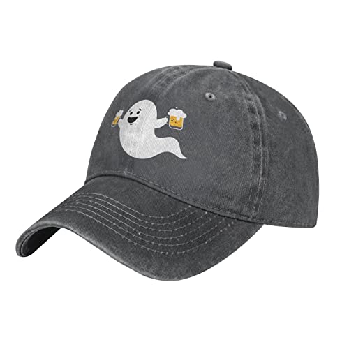 Funny Ghost with Beer Halloween Unisex Vintage Washed Distressed Denim Baseball Cap Adjustable Cotton Baseball Hat for Men Women