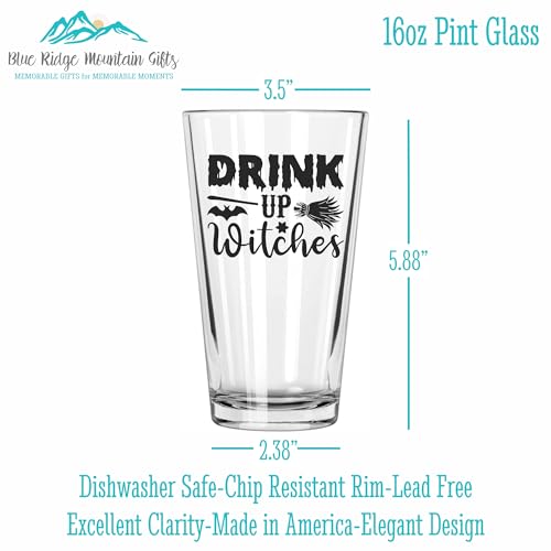 16oz hilarious halloween pint glass, halloween beer glass, halloween decorations indoor, cute halloween decor, fall centerpieces, spooky autumn glassware, screen printed black (Drink Up Witches)