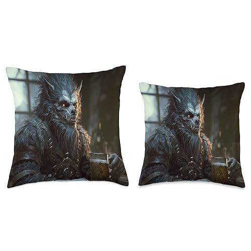 Werewolf Drinking Mug of Beer Halloween Art Gifts Werewolf Drinking Mug of Beer Funny Halloween Art Throw Pillow, 16x16, Multicolor