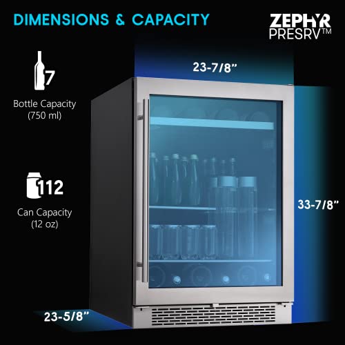 Zephyr Presrv 24" Wine Fridge & Beverage Refrigerator Single Zone Under Counter - Mini Wine Cooler Cellars Small Beer Fridge Cabinet Drink Chiller Freestanding Wine Beverage Cooler,13 Bottles, 84 Cans