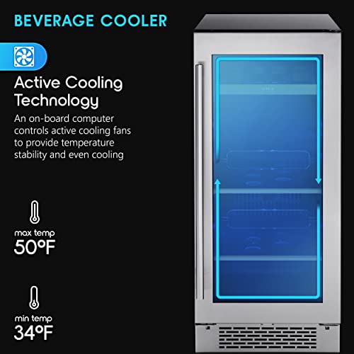 Zephyr Presrv 15" Wine Fridge & Beverage Refrigerator Single Zone Under Counter - Mini Wine Cooler Cellars Small Beer Cabinet Drink Chiller Freestanding with French Glass Door, 4 bottles, 64 cans