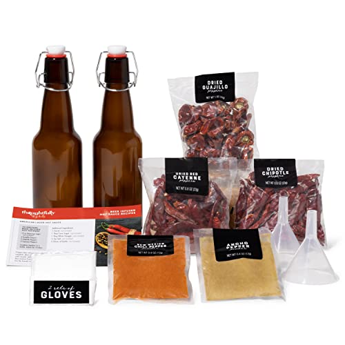 Thoughtfully Gourmet, Make Your Own Beer Infused Hot Sauce DIY Gift Set, Includes 3 Glass Bottles, Recipe Book, Gloves, 2 Funnels, Peppers, Spices and Seasonings (Contains NO Alcohol)