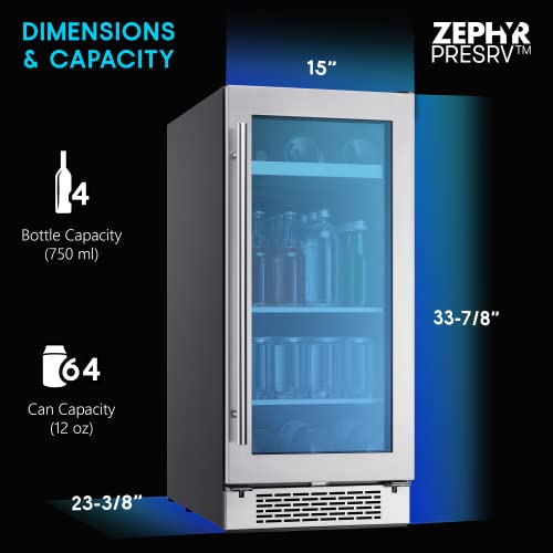 Zephyr Presrv 15" Wine Fridge & Beverage Refrigerator Single Zone Under Counter - Mini Wine Cooler Cellars Small Beer Cabinet Drink Chiller Freestanding with French Glass Door, 4 bottles, 64 cans