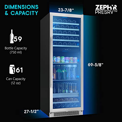 Zephyr 24'' Wine Fridge & Beverage Refrigerator Dual Zone Full Size - Wine Cooler Cellars Large Beer Cabinet Drink Chiller Freestanding with French Glass Door - 49 cans, 112x12oz & 59x750 ml bottles