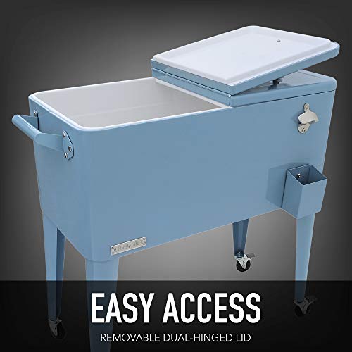 Permasteel 80-Qt Classic Outdoor Patio Cooler for Outside Outdoor Beverage Cooler Bar Cart, Rolling Cooler with Wheels & Handles, Retro Design, Blue