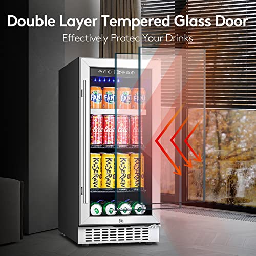 BODEGA Beverage Refrigerator 15 Inch, Under Counter Beverage Refrigerator, Built-in and Freestanding Beverage Cooler 100 Cans, Stainless Steel Under Counter Beer Fridge Perfect for Beer, Soda, Water