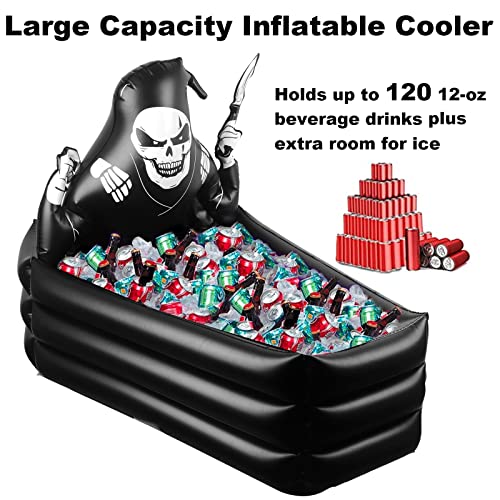44 Inch Inflatable Grim Reaper Coffin Cooler Halloween Party Supplies 120+ Cans Large Capacity Inflatable Drink Holder for Indoor Outdoor Home Halloween Birthday Party Decorations
