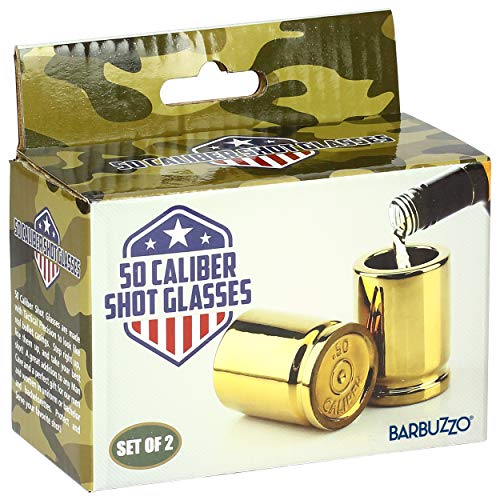 Barbuzzo ORIGINAL 50 CAL SHOT GLASSES, Set of 2, American Owned & Designed, Like Real 50 Caliber Bullet Casings - Shot Glasses Hold 2 Ounces