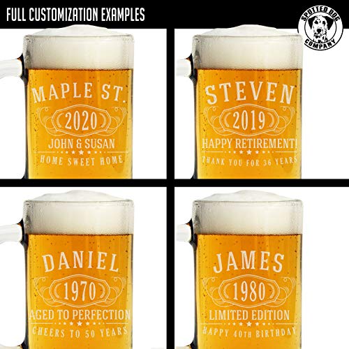 Personalized Etched 16oz Glass Beer Mug Stein - Custom Engraved Christmas Gifts for Men, Dad Drinking Birthday Glasses, Gifts for Him, Bernard