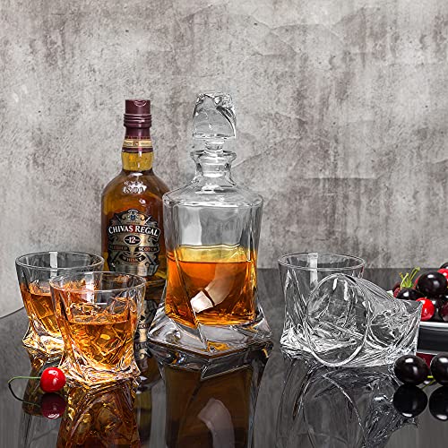 Whiskey Decanter Set With Glasses, Twisted Crystal Liquor Dispenser Set for Scotch Bourbon Whisky Alcohol In Gift Box for Men Dad Boyfriend Brother Husband for Anniversary. 5-Piece