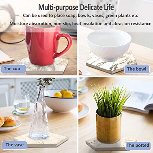8 Pcs Drink Coasters with Metal Holder Stand, Marble Design Ceramic Coaster Set, Cork Base, for Tabletop Protection, Home Decor, Bar Coasters (Golden)