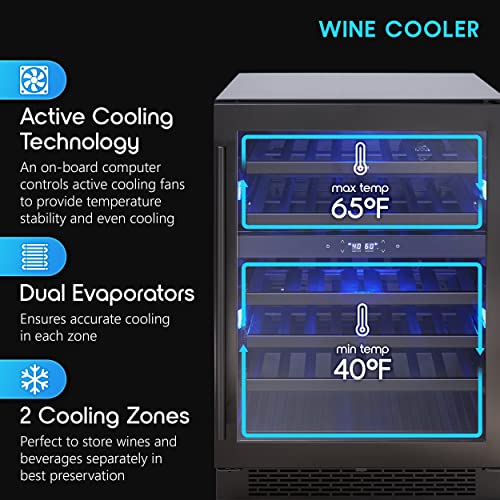 Zephyr Presrv 24" Wine Fridge Dual Zone Under Counter - Countertop Mini Wine Cooler Cellars Small Cabinet Wine Refrigerator Home Bar Chiller Freestanding with French Glass Door Black, 45 Bottles 750ml