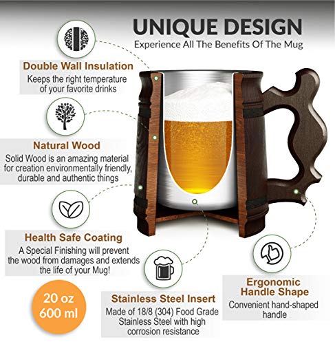 MyFancyCraft Wood Beer Mug with Box Stainless Steel Cup Men Souvenir Handmade Retro Brown