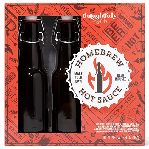 Thoughtfully Gourmet, Make Your Own Beer Infused Hot Sauce DIY Gift Set, Includes 3 Glass Bottles, Recipe Book, Gloves, 2 Funnels, Peppers, Spices and Seasonings (Contains NO Alcohol)