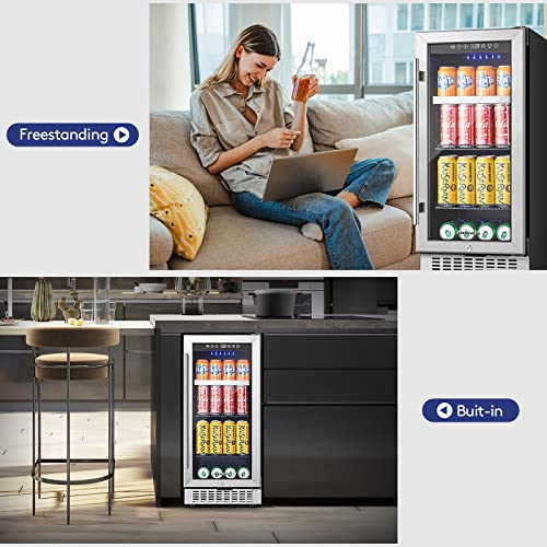 BODEGA Beverage Refrigerator 15 Inch, Under Counter Beverage Refrigerator, Built-in and Freestanding Beverage Cooler 100 Cans, Stainless Steel Under Counter Beer Fridge Perfect for Beer, Soda, Water