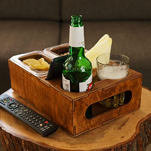 Wood Beer Box - Gift for Beer Lovers, Dad, Man, Him, Father - Drink Box Snacks Tray- Table Stand Caddy with slots for glasses, chips, nuts- Couch Organizer for Beverages, Remote Control, Phone stand