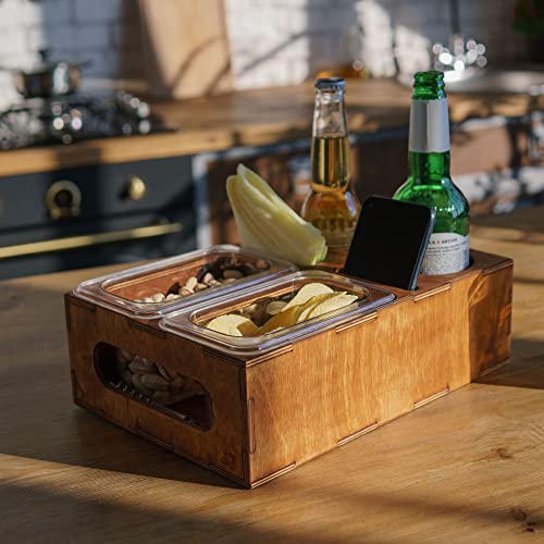 Wood Beer Box - Gift for Beer Lovers, Dad, Man, Him, Father - Drink Box Snacks Tray- Table Stand Caddy with slots for glasses, chips, nuts- Couch Organizer for Beverages, Remote Control, Phone stand
