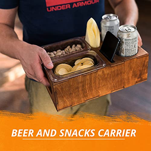 Wood Beer Box - Gift for Beer Lovers, Dad, Man, Him, Father - Drink Box Snacks Tray- Table Stand Caddy with slots for glasses, chips, nuts- Couch Organizer for Beverages, Remote Control, Phone stand