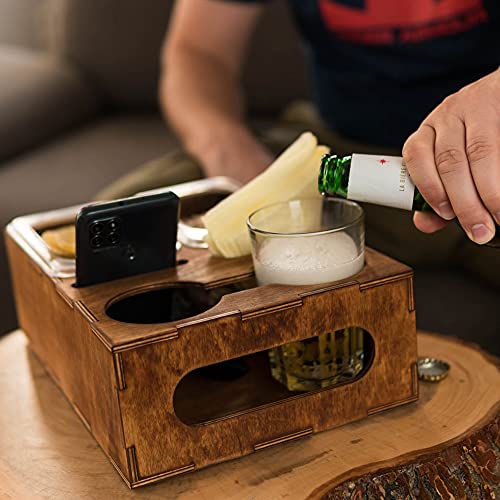 Wood Beer Box - Gift for Beer Lovers, Dad, Man, Him, Father - Drink Box Snacks Tray- Table Stand Caddy with slots for glasses, chips, nuts- Couch Organizer for Beverages, Remote Control, Phone stand