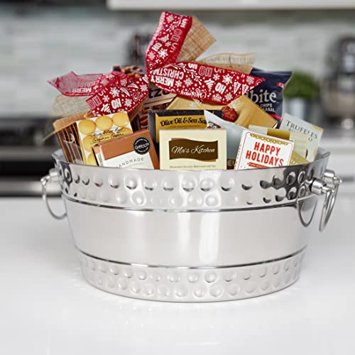 BREKX Hammered Stainless-Steel Beverage Tub, Double-Walled Insulated Anchored Bolt Drink Tub & Ice Bucket with Double-Hinged Handles, Drink Chiller for Parties/Wedding Gifts