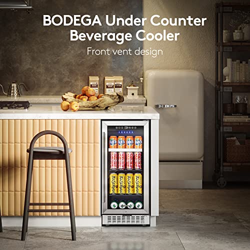 BODEGA Beverage Refrigerator 15 Inch, Under Counter Beverage Refrigerator, Built-in and Freestanding Beverage Cooler 100 Cans, Stainless Steel Under Counter Beer Fridge Perfect for Beer, Soda, Water