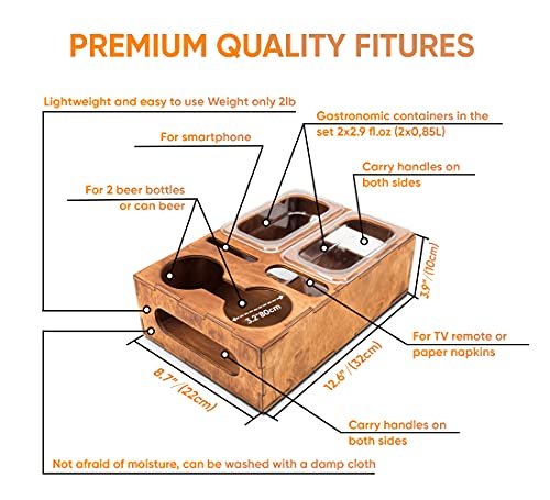 Wood Beer Box - Gift for Beer Lovers, Dad, Man, Him, Father - Drink Box Snacks Tray- Table Stand Caddy with slots for glasses, chips, nuts- Couch Organizer for Beverages, Remote Control, Phone stand