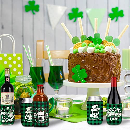 Whaline 10Pcs St. Patrick's Day Can Sleeves Green Black Buffalo Plaid Can Covers Lucky Shamrock Beer White Prints Neoprene Thermocoolers for Beverages Bottles Cans Decor Irish Party Favor Supplies