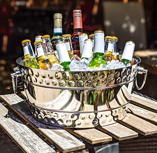 BREKX Hammered Stainless-Steel Beverage Tub, Double-Walled Insulated Anchored Bolt Drink Tub & Ice Bucket with Double-Hinged Handles, Drink Chiller for Parties/Wedding Gifts
