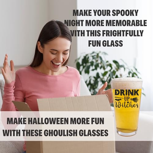 16oz hilarious halloween pint glass, halloween beer glass, halloween decorations indoor, cute halloween decor, fall centerpieces, spooky autumn glassware, screen printed black (Drink Up Witches)