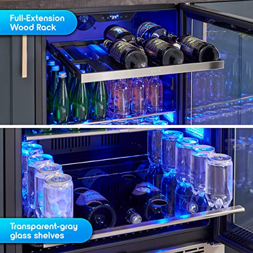 Zephyr 24" Wine Fridge & Beverage Refrigerator Single Zone Under Counter - Mini Wine Cooler Cellars Small Beer Fridge Cabinet Drink Chiller Freestanding with French Glass Door - 7 bottles, 112 cans
