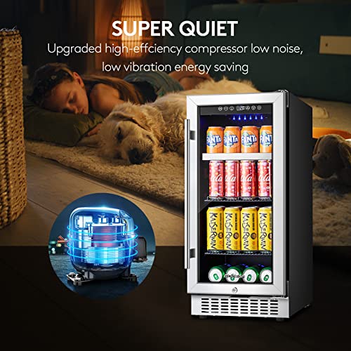 BODEGA Beverage Refrigerator 15 Inch, Under Counter Beverage Refrigerator, Built-in and Freestanding Beverage Cooler 100 Cans, Stainless Steel Under Counter Beer Fridge Perfect for Beer, Soda, Water