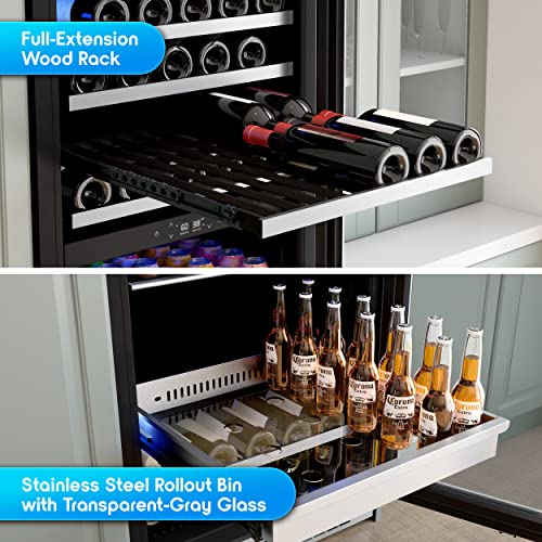 Zephyr 24'' Wine Fridge & Beverage Refrigerator Dual Zone Full Size - Wine Cooler Cellars Large Beer Cabinet Drink Chiller Freestanding with French Glass Door - 49 cans, 112x12oz & 59x750 ml bottles