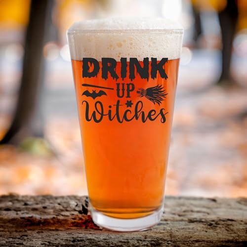 16oz hilarious halloween pint glass, halloween beer glass, halloween decorations indoor, cute halloween decor, fall centerpieces, spooky autumn glassware, screen printed black (Drink Up Witches)