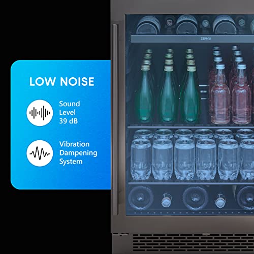 Zephyr 24" Wine Fridge & Beverage Refrigerator Single Zone Under Counter - Mini Wine Cooler Cellars Small Beer Cabinet Drink Chiller Freestanding with French Glass Door Black, 7 Bottles, 112 Cans