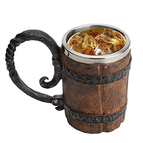 550ML Viking Drinking Cup, Stainless Handmade wood-style Beer mug for husband gift, Resin Beer Stein Tankard Coffee Mug Tea Cup, Wooden Gift Antique Men's Barrel Capacity - The Beer Connoisseur® Store