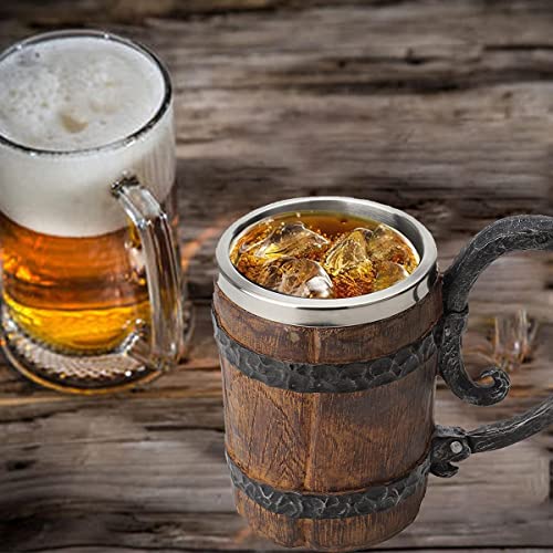 550ML Viking Drinking Cup, Stainless Handmade wood-style Beer mug for husband gift, Resin Beer Stein Tankard Coffee Mug Tea Cup, Wooden Gift Antique Men's Barrel Capacity - The Beer Connoisseur® Store