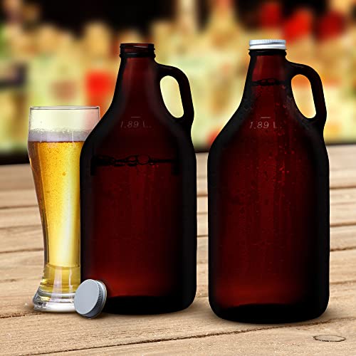 6 Amber Glass Beer Growlers Set, 64 oz. - Screw on Lid, Sturdy, Barware - Amber - The Beer Connoisseur® Store
