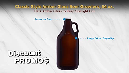 6 Amber Glass Beer Growlers Set, 64 oz. - Screw on Lid, Sturdy, Barware - Amber - The Beer Connoisseur® Store