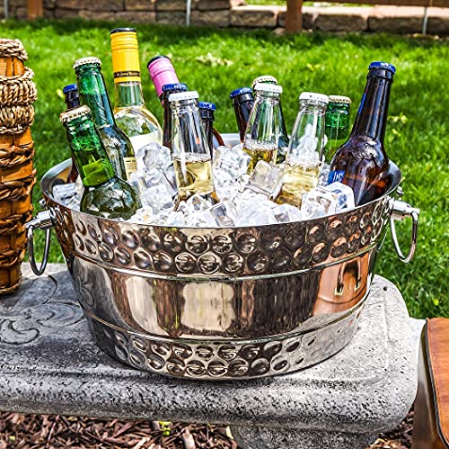 BREKX Hammered Stainless-Steel Beverage Tub, Double-Walled Insulated Anchored Bolt Drink Tub & Ice Bucket with Double-Hinged Handles, Drink Chiller for Parties/Wedding Gifts