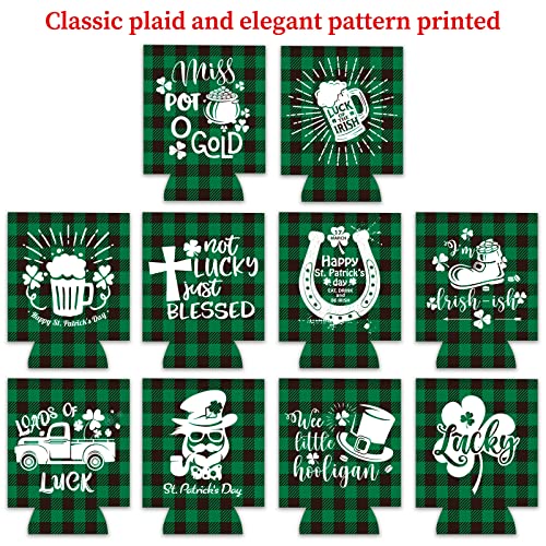 Whaline 10Pcs St. Patrick's Day Can Sleeves Green Black Buffalo Plaid Can Covers Lucky Shamrock Beer White Prints Neoprene Thermocoolers for Beverages Bottles Cans Decor Irish Party Favor Supplies