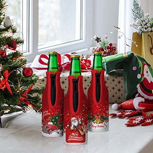8 Pack Christmas Beer Bottle Insulator Sleeve with Ring Zipper Xmas Holiday Neoprene Insulated Bottle Jackets Reusable Keep Warm and Cold Beer Bottle Sleeves with Stitched Fabric Edges - The Beer Connoisseur® Store