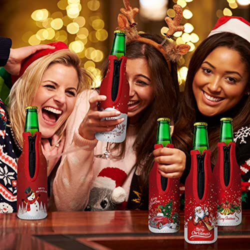 8 Pack Christmas Beer Bottle Insulator Sleeve with Ring Zipper Xmas Holiday Neoprene Insulated Bottle Jackets Reusable Keep Warm and Cold Beer Bottle Sleeves with Stitched Fabric Edges - The Beer Connoisseur® Store