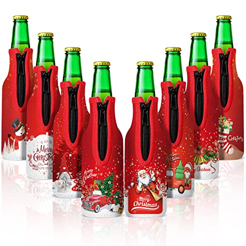 8 Pack Christmas Beer Bottle Insulator Sleeve with Ring Zipper Xmas Holiday Neoprene Insulated Bottle Jackets Reusable Keep Warm and Cold Beer Bottle Sleeves with Stitched Fabric Edges - The Beer Connoisseur® Store