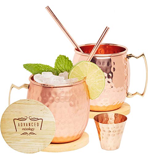 Advanced Mixology [Gift Set] Authentic Moscow Mule Mugs Set of 2 (16oz) | Solid Barrel 100% Copper Mugs Set w/ 2 Straws, 2 Wooden Coasters & 1 Shot Glass | Tarnish-Resistant Food Grade Lacquer Coat - The Beer Connoisseur® Store